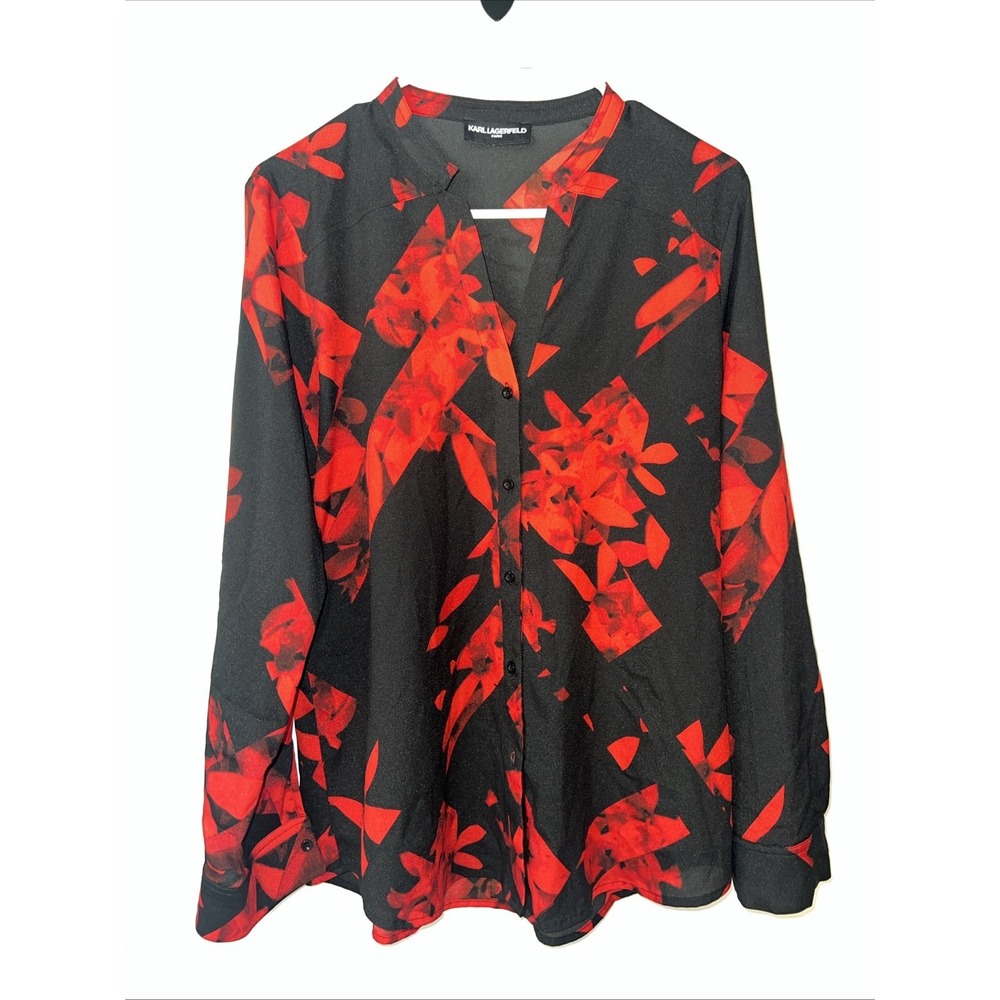 Karl Lagerfeld Paris Women's Black Red Floral Long Sleeve Blouse Size ?Large